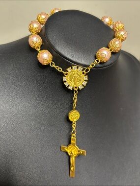 Gold-Tone Faux Pink Pearl Beaded Rosary Cross Religious Bracelet Car Accessory